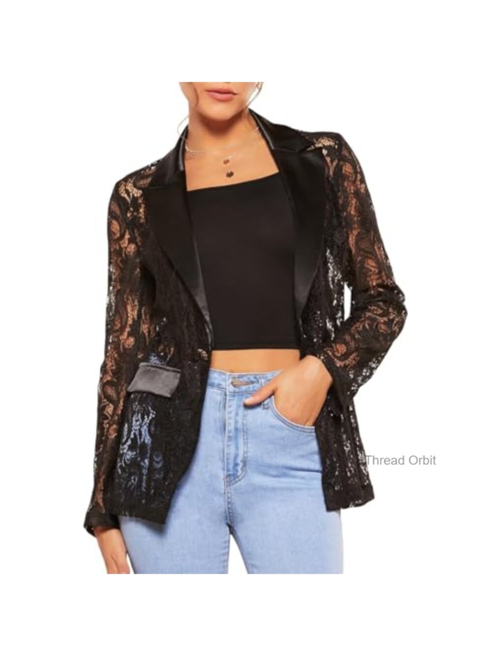 Floral Lace Blazer Single Button Lapel Sheer Mesh Long Sleeve Jacket Size S